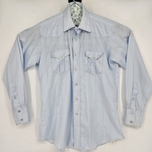 Vintage H Bar C Ranchwear Long Tail Shirt Mens Large Made in USA Western Blue
